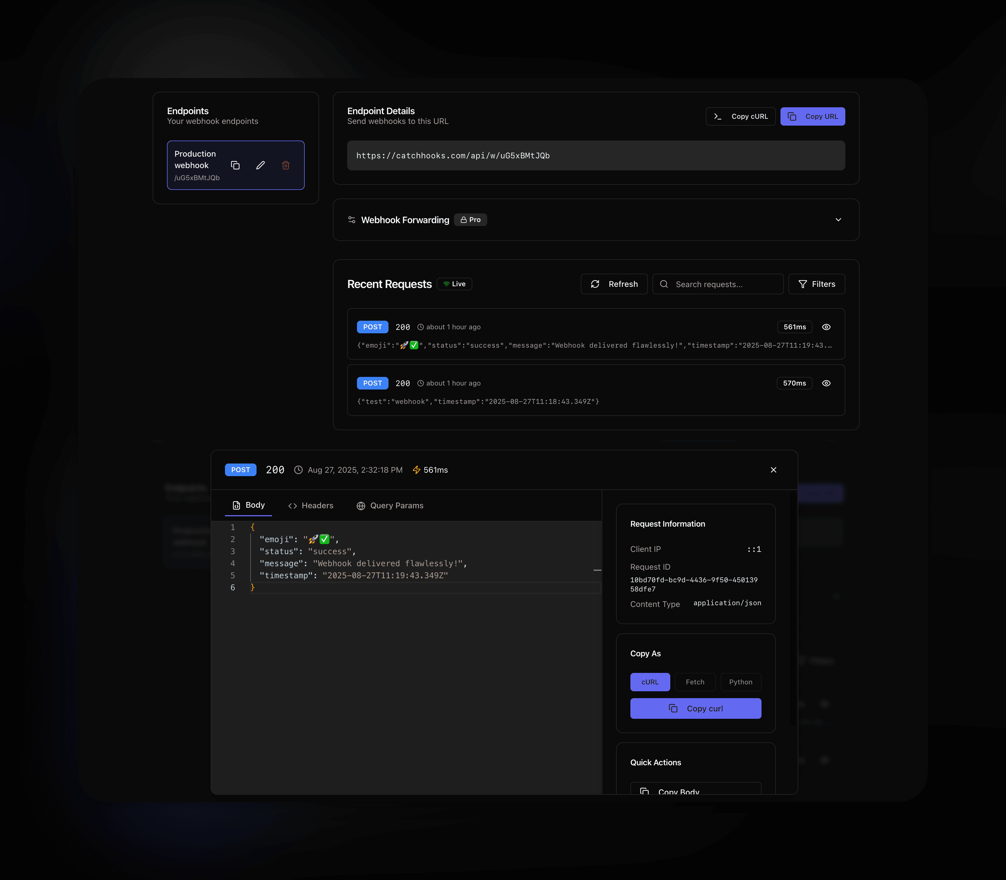 CatchHooks Dashboard - Real-time webhook testing interface showing request inspector and webhook forwarding